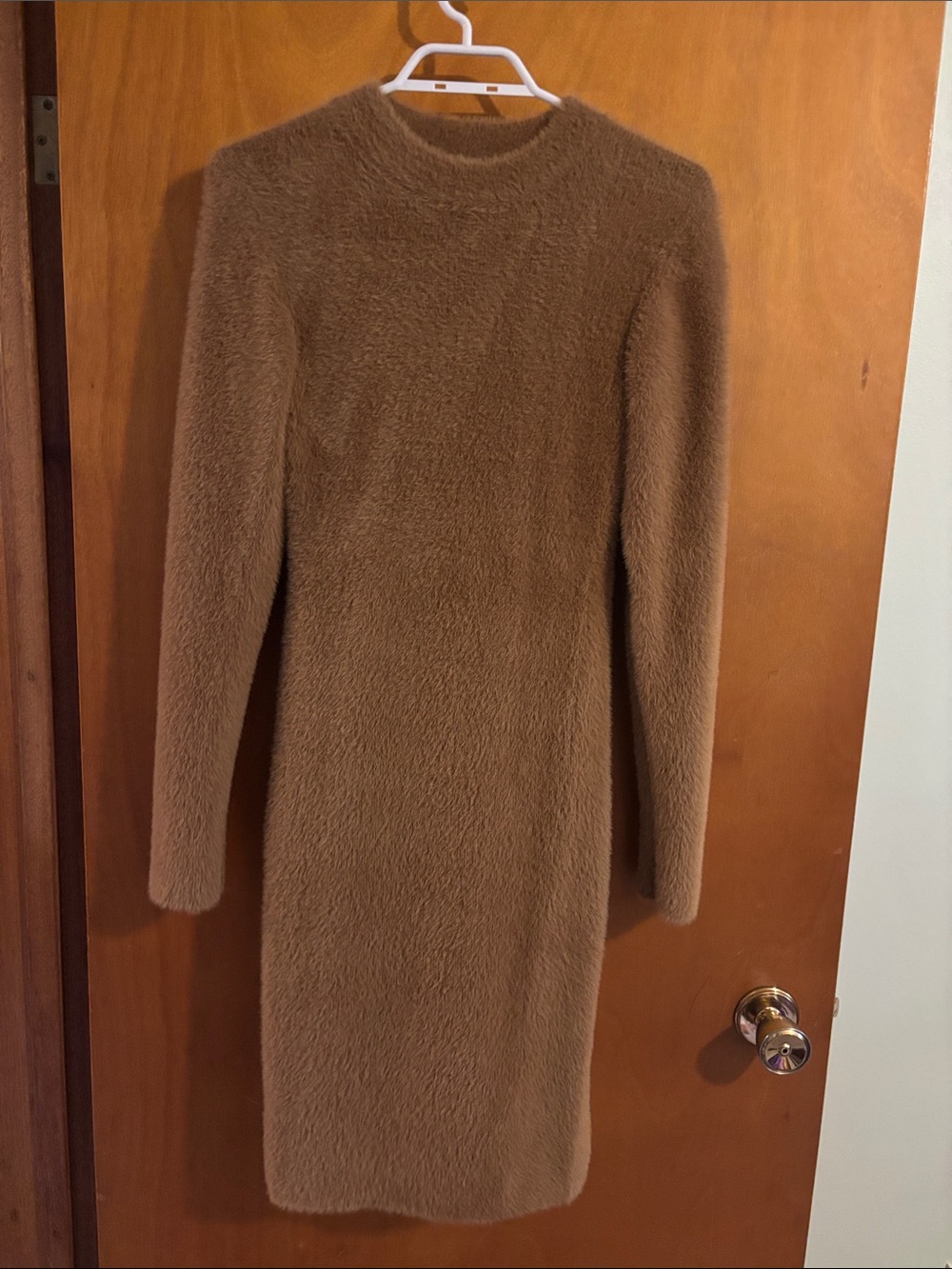 Babaton Long-Sleeve Faux-Fur Dress — Camel Brown